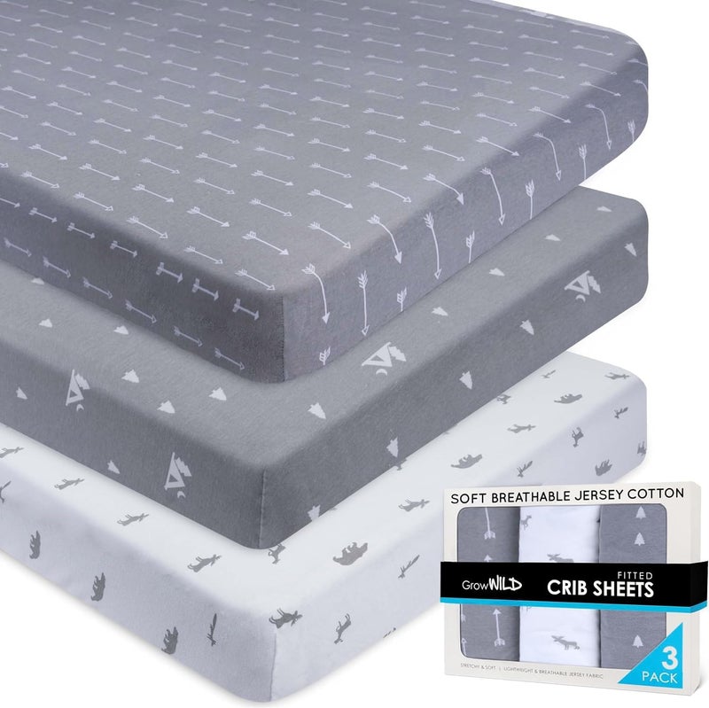 GrowWILD Fitted Unisex Crib Sheets (3 Pack) by GROW WILD - Jersey Knit Cotton Crib Sheets for Boys or Girls, 52” x 28” x 9” Crib Bedding Set (Woodland Gray and White) - Image 1